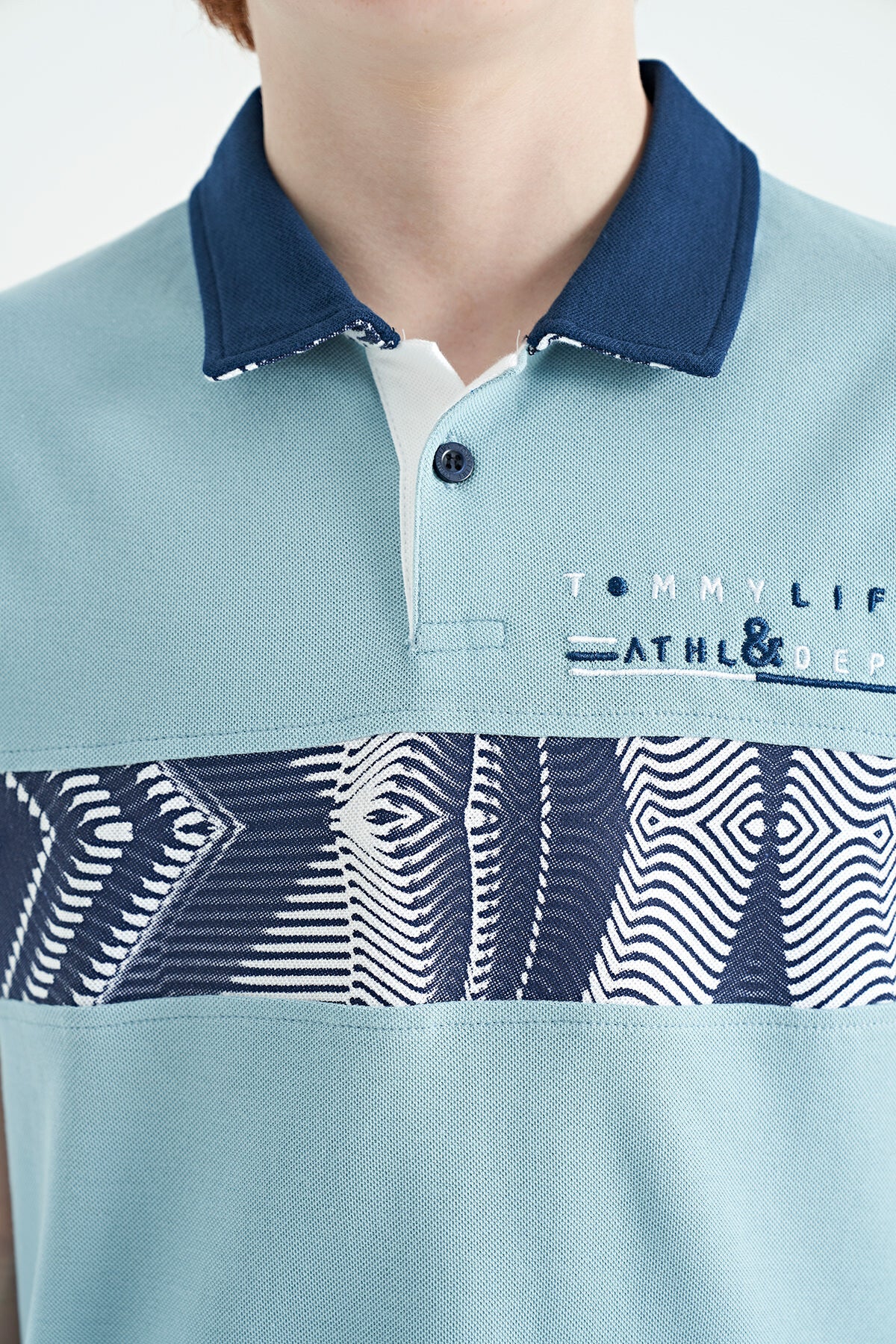 Light Blue Stripe Print Detailed Polo Collar Standard Fit Boys' T-Shirt - 11162