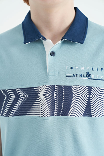 Light Blue Stripe Print Detailed Polo Collar Standard Fit Boys' T-Shirt - 11162