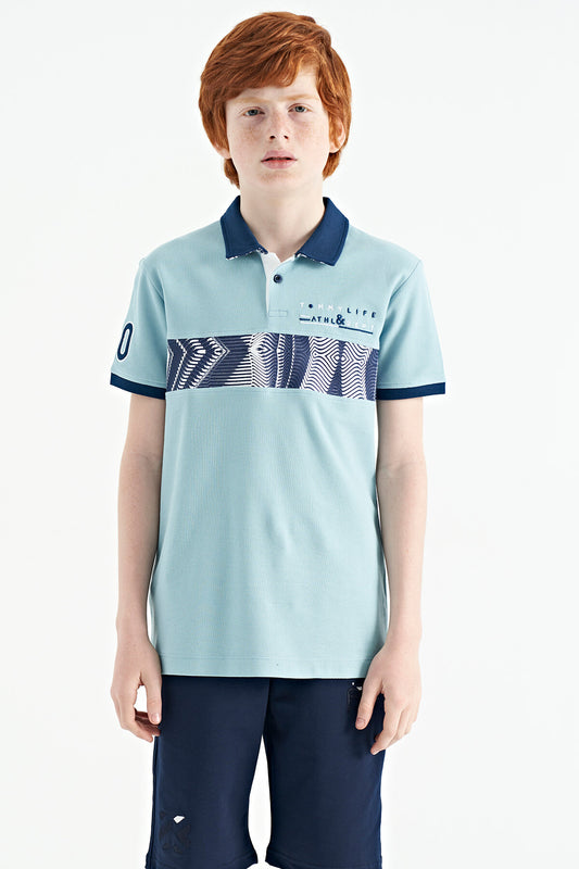 Light Blue Stripe Print Detailed Polo Collar Standard Fit Boys' T-Shirt - 11162