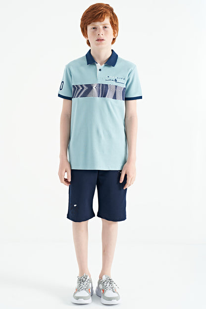 Light Blue Stripe Print Detailed Polo Collar Standard Fit Boys' T-Shirt - 11162