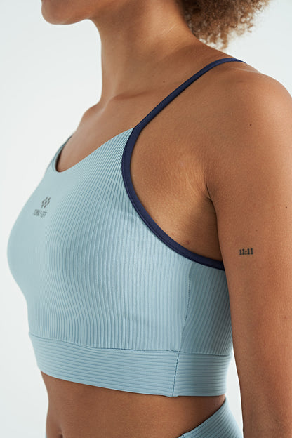 Light Blue Cross-Back Detailed Logo Print Slim Fit Striped Women's Bustier - 97274