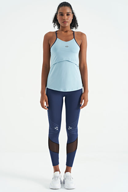 Light Blue Back Cross Strap Detailed Standard Fit Women's Sports Singlet - 97261