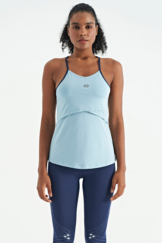 Light Blue Back Cross Strap Detailed Standard Fit Women's Sports Singlet - 97261