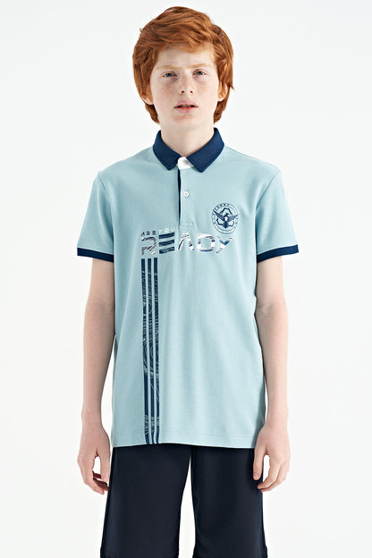 Light Blue Print Pattern Standard Fit Polo Collar Boys T-Shirt - 11143