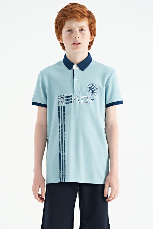 Light Blue Print Pattern Standard Fit Polo Collar Boys T-Shirt - 11143