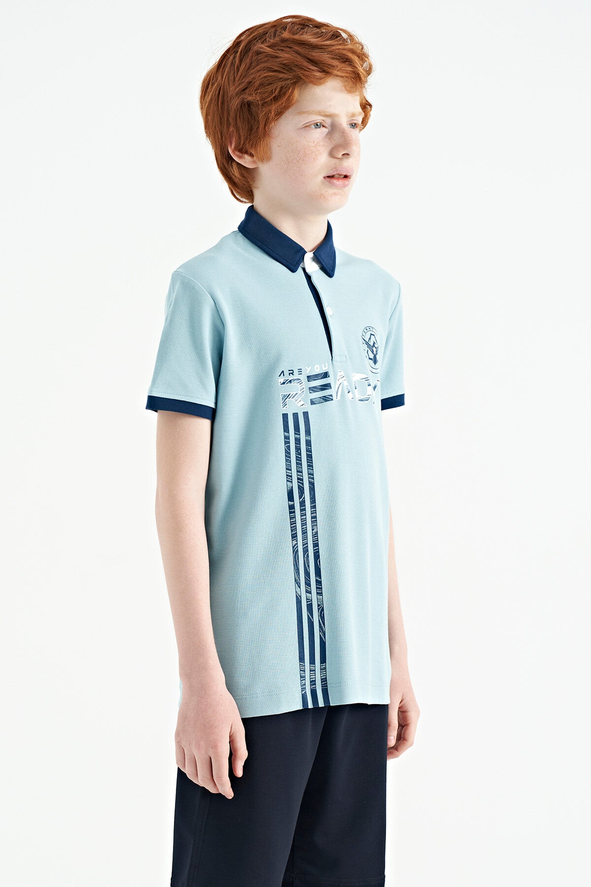 Light Blue Print Pattern Standard Fit Polo Collar Boys T-Shirt - 11143