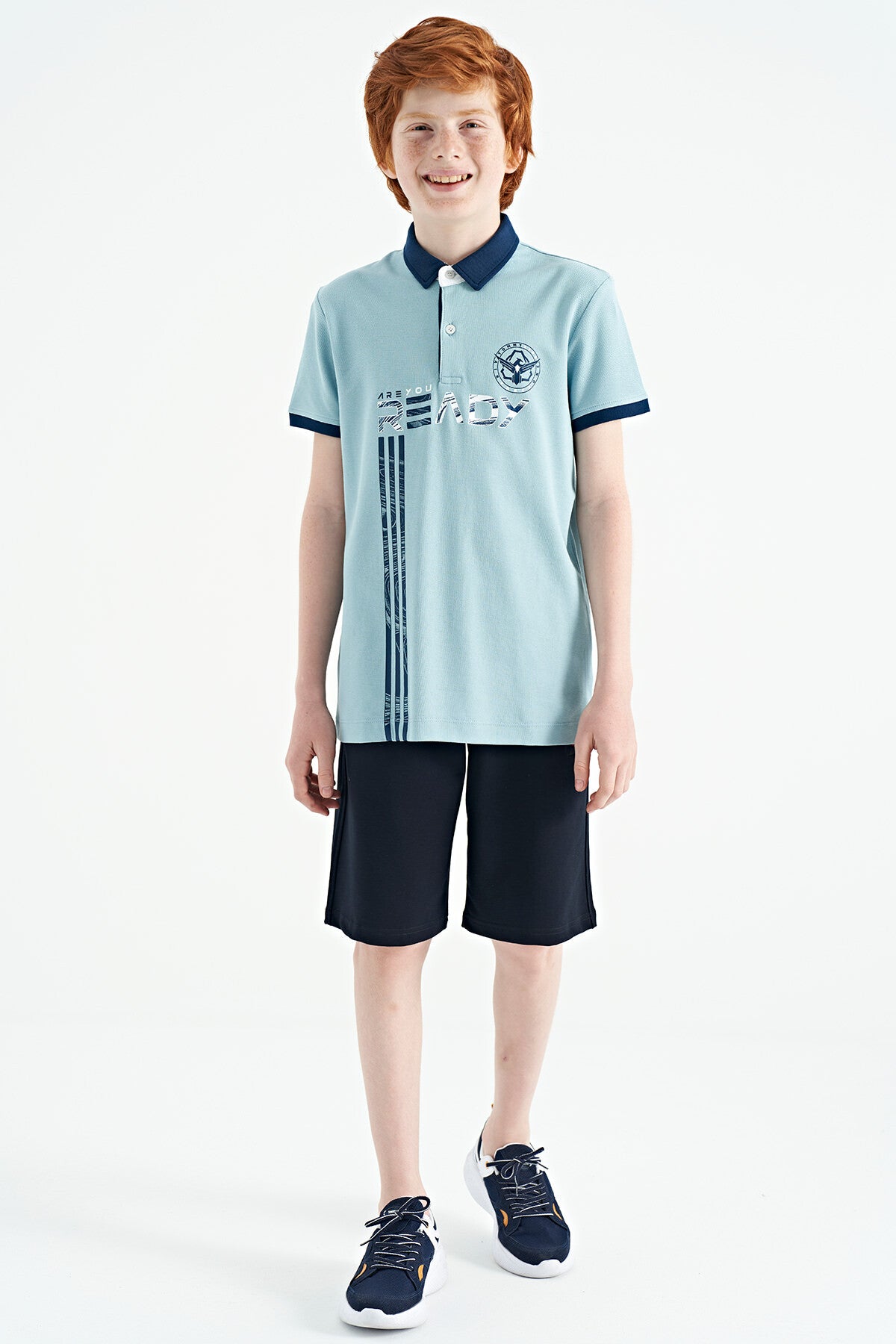 Light Blue Print Pattern Standard Fit Polo Collar Boys T-Shirt - 11143