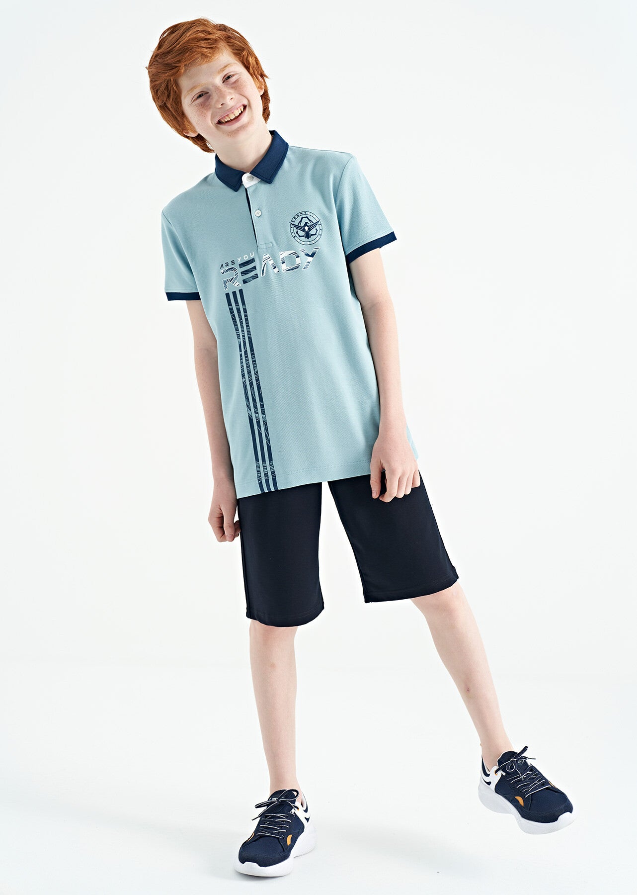 Light Blue Print Pattern Standard Fit Polo Collar Boys T-Shirt - 11143