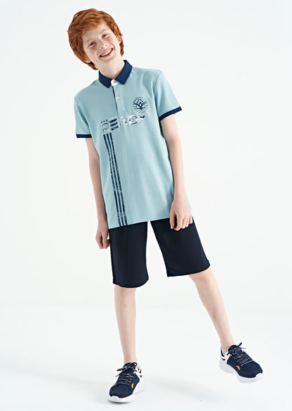Light Blue Print Pattern Standard Fit Polo Collar Boys T-Shirt - 11143