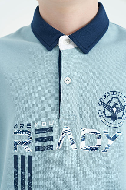 Light Blue Print Pattern Standard Fit Polo Collar Boys T-Shirt - 11143