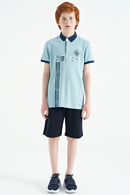 Light Blue Print Pattern Standard Fit Polo Collar Boys T-Shirt - 11143