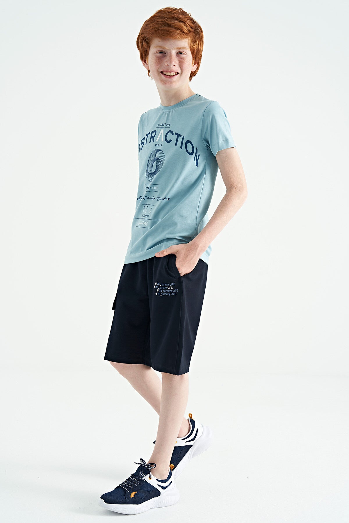 Light Blue Print Detailed O Collar Standard Fit Boys T-Shirt - 11103