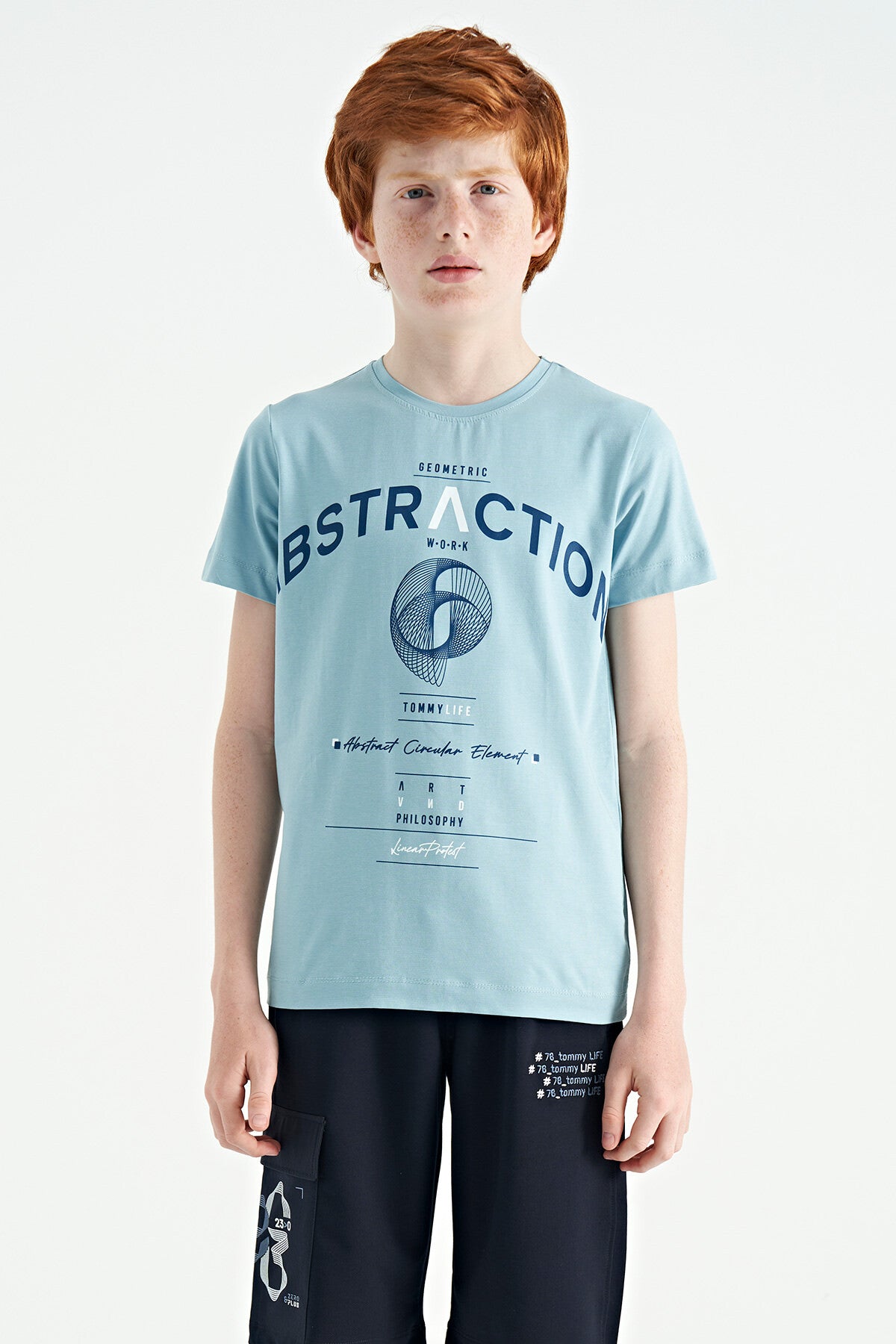 Light Blue Print Detailed O Collar Standard Fit Boys T-Shirt - 11103