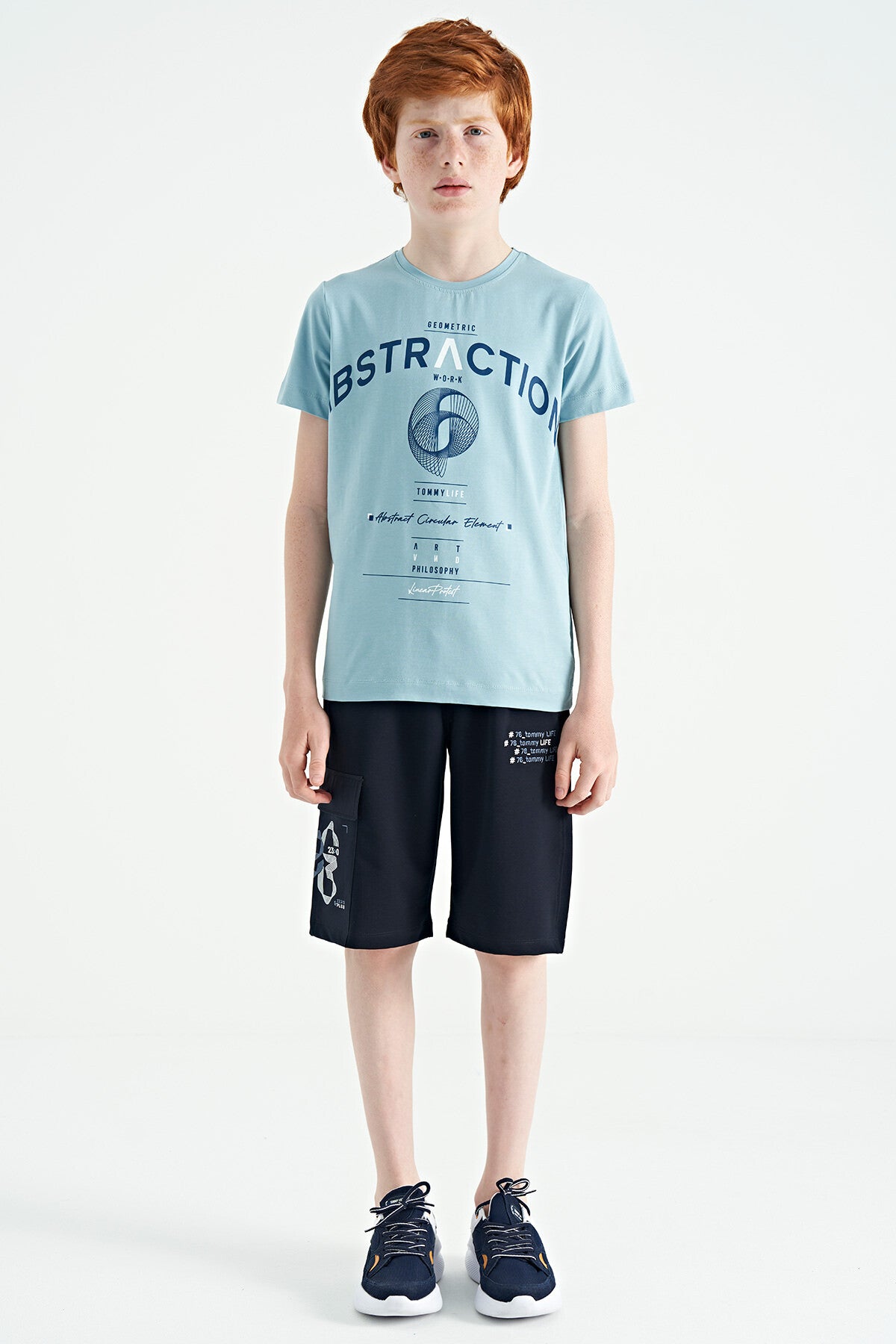 Light Blue Print Detailed O Collar Standard Fit Boys T-Shirt - 11103