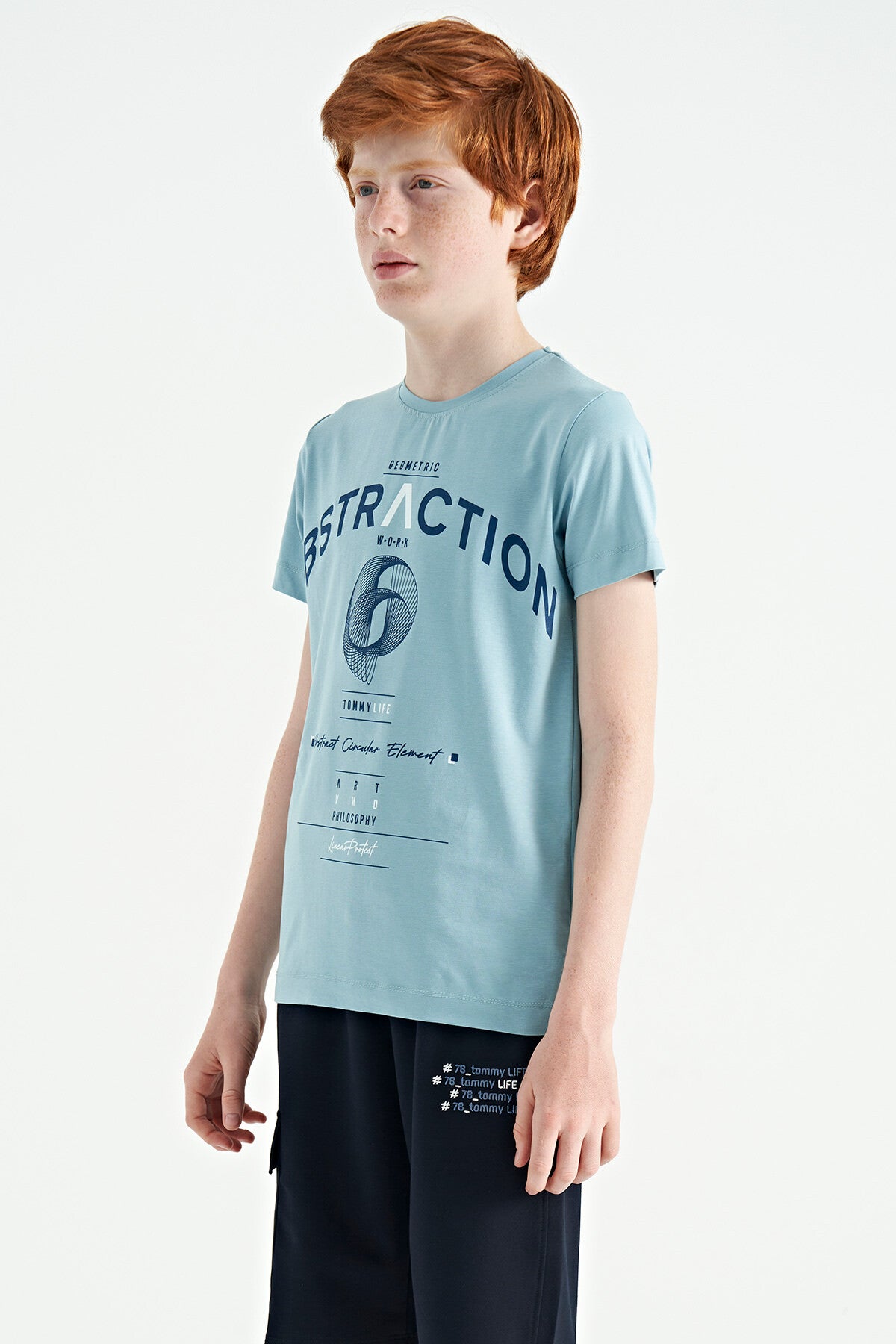 Light Blue Print Detailed O Collar Standard Fit Boys T-Shirt - 11103