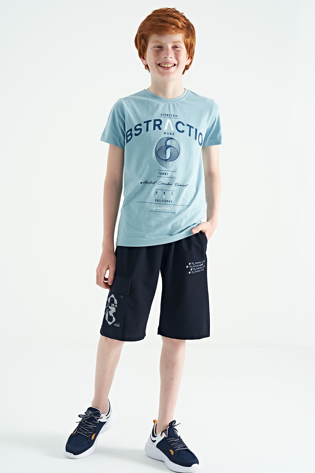 Light Blue Print Detailed O Collar Standard Fit Boys T-Shirt - 11103
