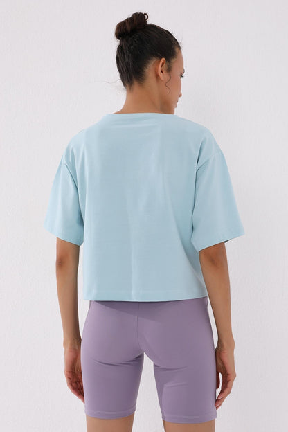 Light Blue Printed Short O Collar Women's Oversize T-Shirt - 97135