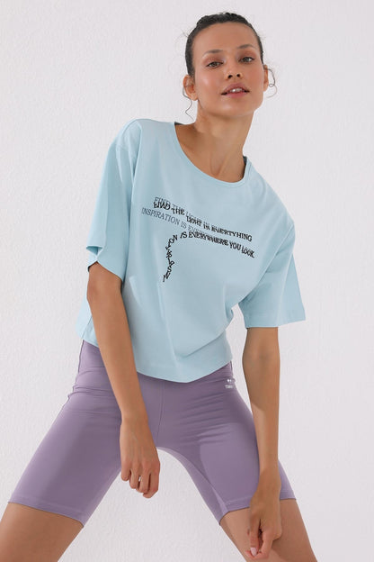 Light Blue Printed Short O Collar Women's Oversize T-Shirt - 97135