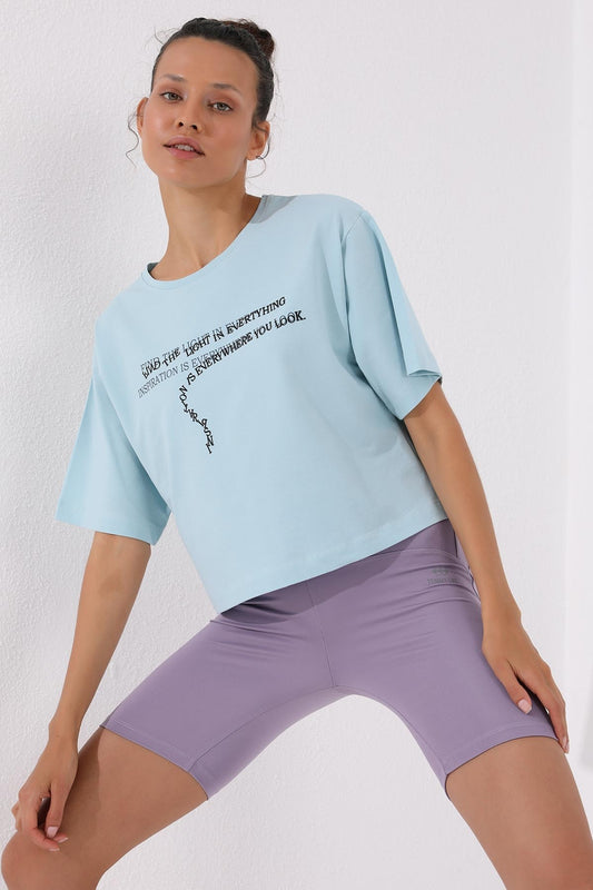 Light Blue Printed Short O Collar Women's Oversize T-Shirt - 97135