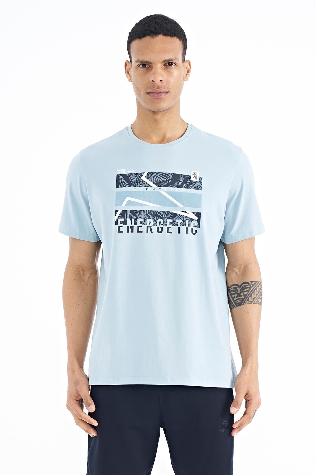 Light Blue Printed O Collar Standard Fit Men's T-shirt - 88201