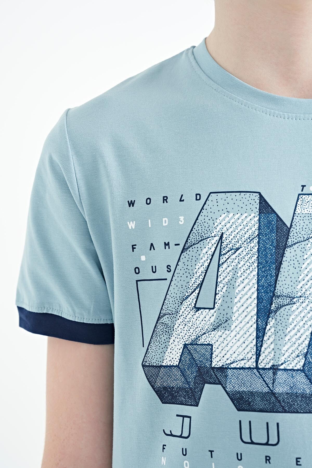 Light Blue Printed Text Standard Fit O Neck Boys T-Shirt - 11098