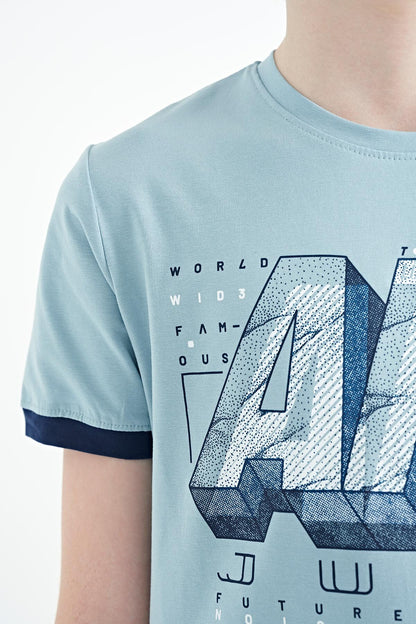 Light Blue Printed Text Standard Fit O Neck Boys T-Shirt - 11098