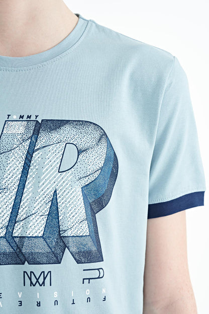 Light Blue Printed Text Standard Fit O Neck Boys T-Shirt - 11098