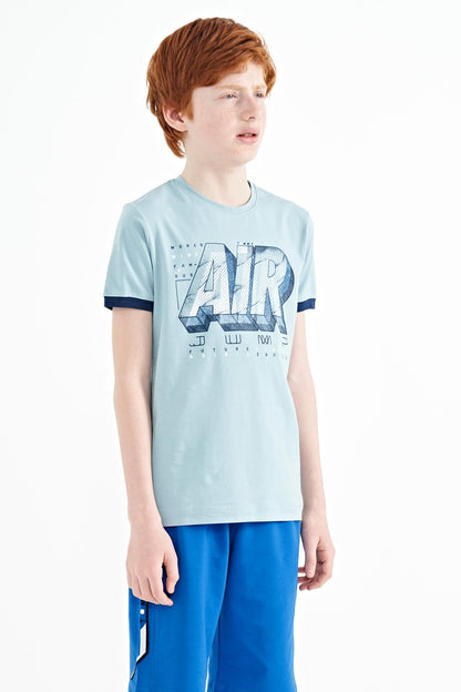 Light Blue Printed Text Standard Fit O Neck Boys T-Shirt - 11098