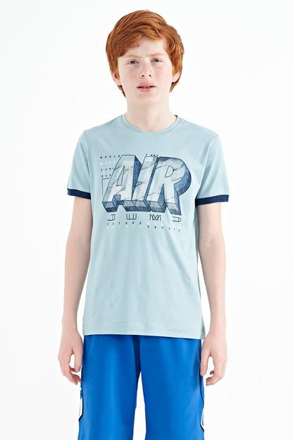 Light Blue Printed Text Standard Fit O Neck Boys T-Shirt - 11098