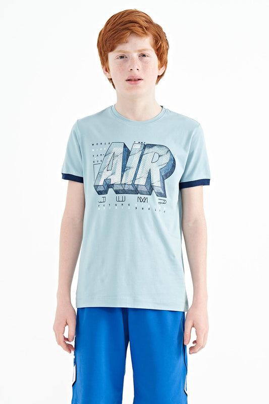 Light Blue Printed Text Standard Fit O Neck Boys T-Shirt - 11098