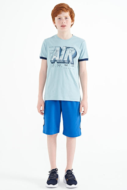 Light Blue Printed Text Standard Fit O Neck Boys T-Shirt - 11098