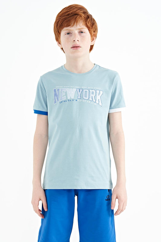 Light Blue Print Standard Fit O Neck Boy's T-Shirt - 11105