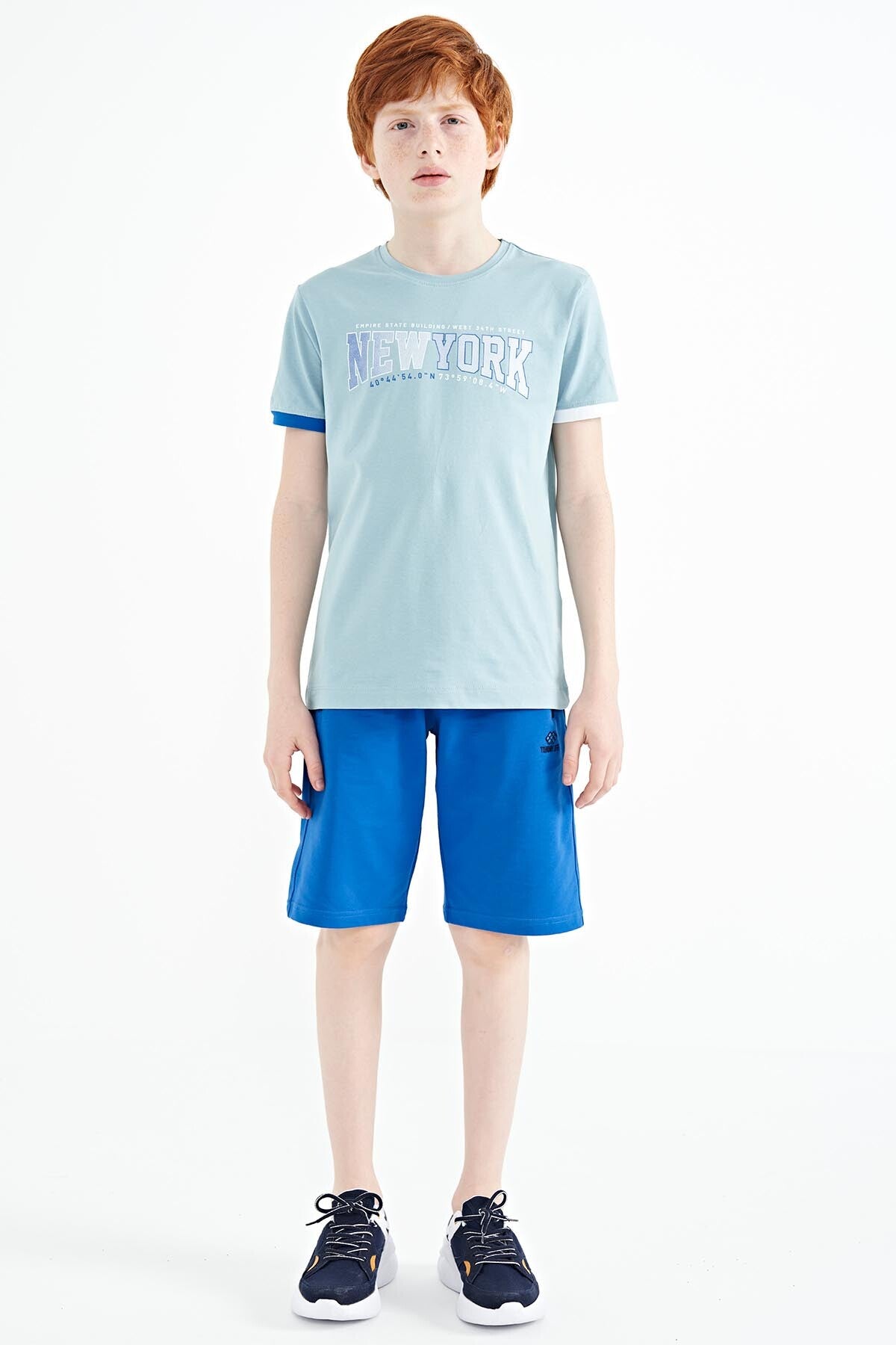 Light Blue Print Standard Fit O Neck Boy's T-Shirt - 11105