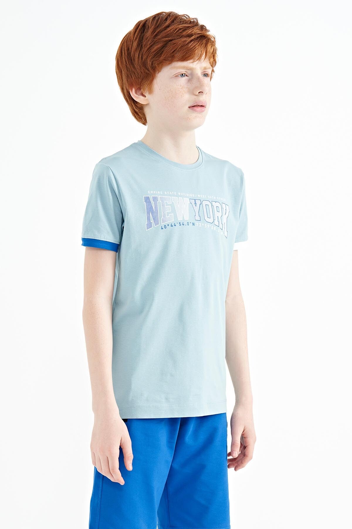 Light Blue Print Standard Fit O Neck Boy's T-Shirt - 11105