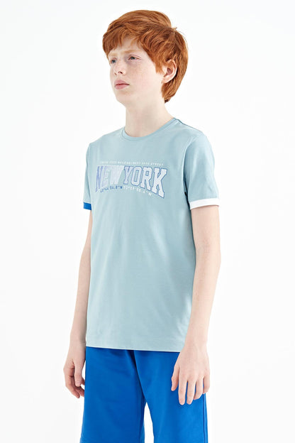 Light Blue Print Standard Fit O Neck Boy's T-Shirt - 11105