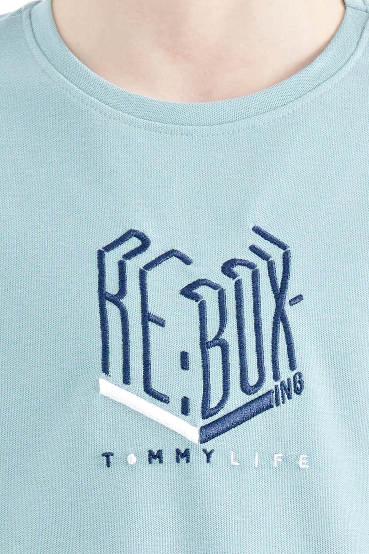 Light Blue Embroidered O Collar Oversize Boys T-Shirt - 11151