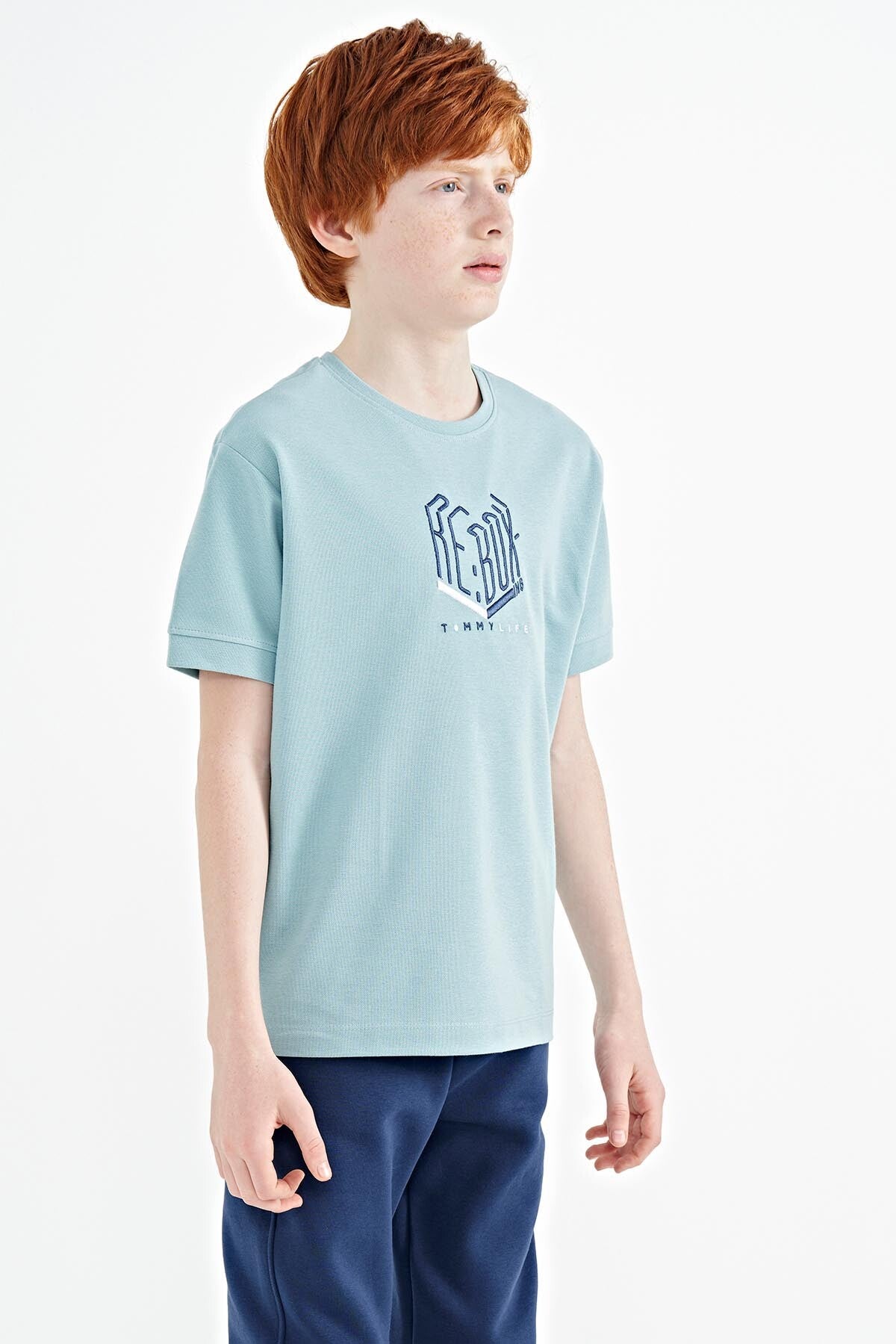 Light Blue Embroidered O Collar Oversize Boys T-Shirt - 11151