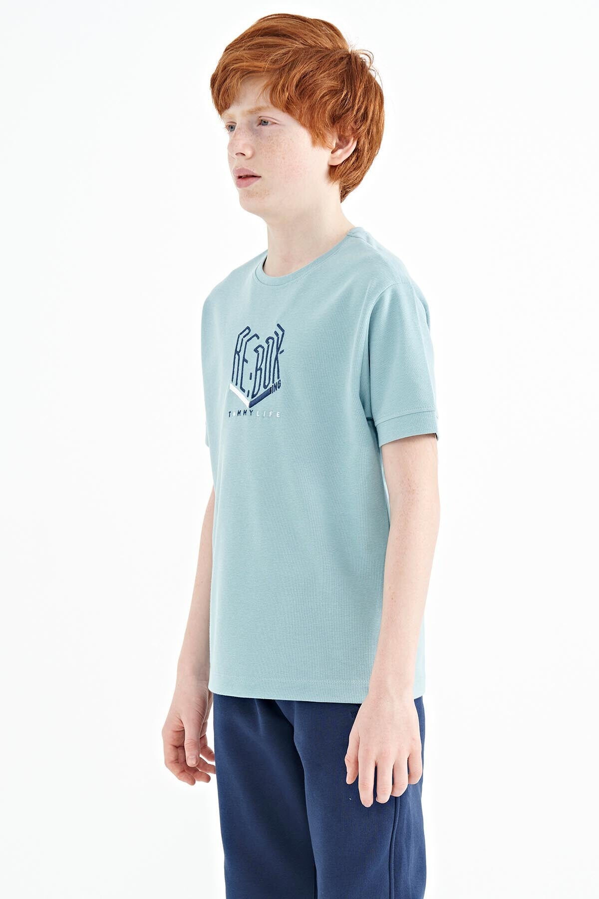 Light Blue Embroidered O Collar Oversize Boys T-Shirt - 11151