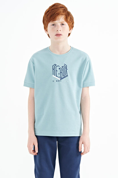 Light Blue Embroidered O Collar Oversize Boys T-Shirt - 11151