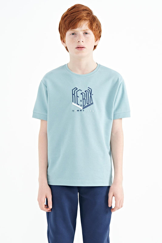 Light Blue Embroidered O Collar Oversize Boys T-Shirt - 11151