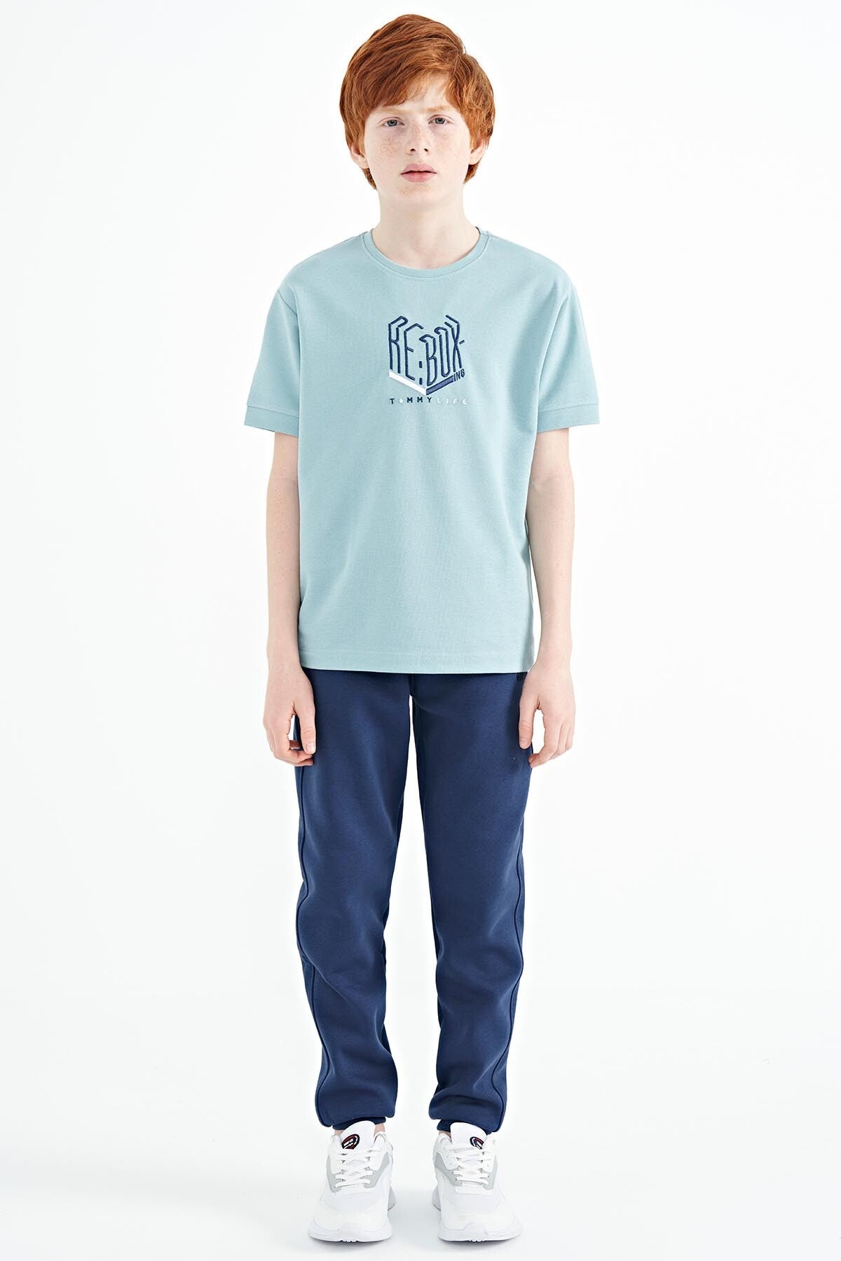 Light Blue Embroidered O Collar Oversize Boys T-Shirt - 11151