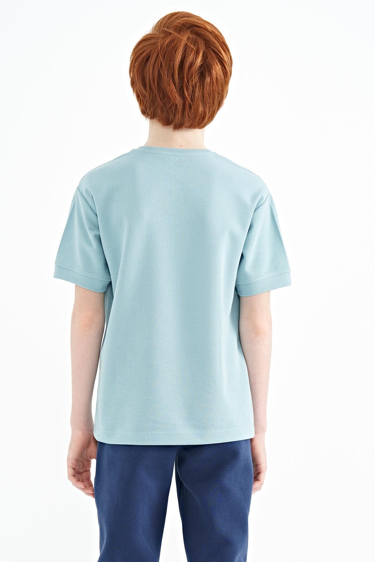 Light Blue Embroidered O Collar Oversize Boys T-Shirt - 11151