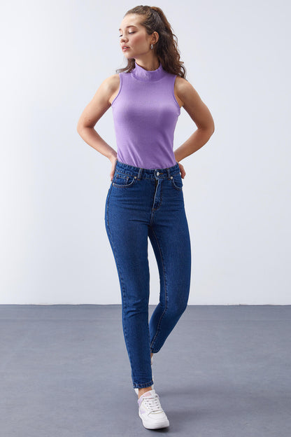Light Blue High Waist Slim Fit Women's Trousers - 94612