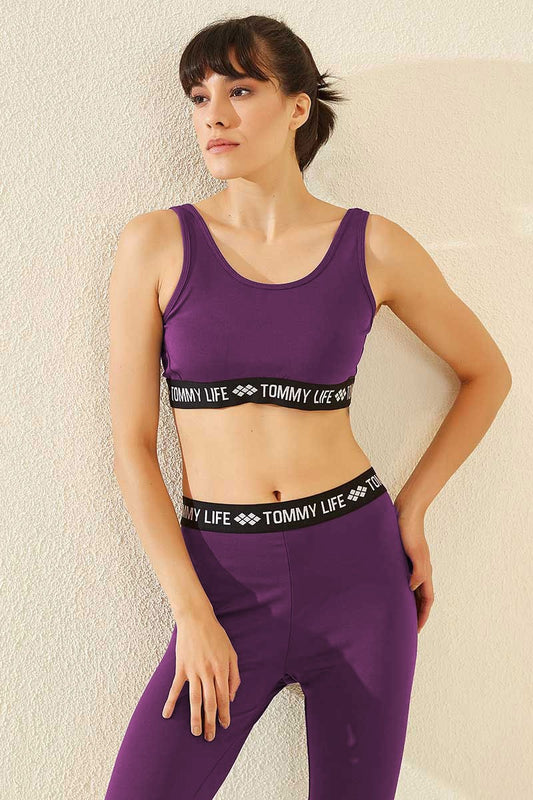 Standard Mold U Collar Women's Sports Bustier with Open Purple Writing Stripes - 97113