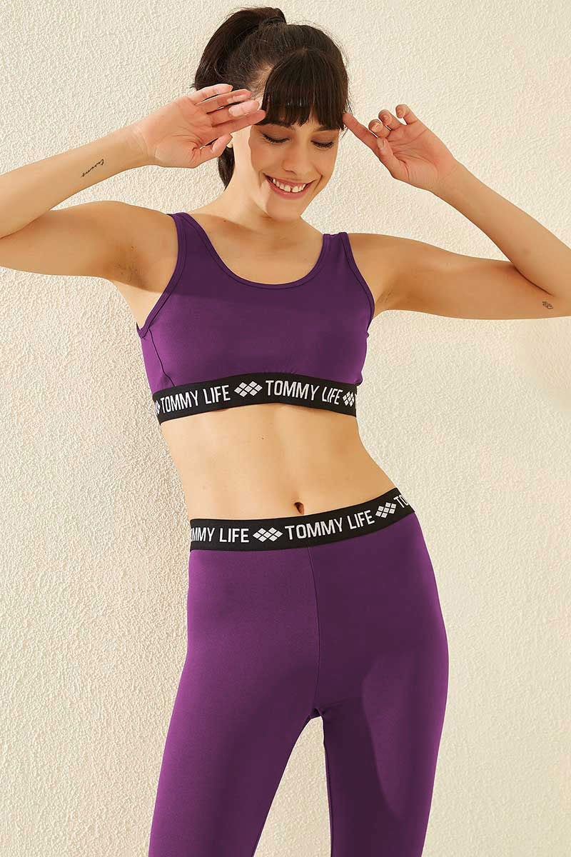 Standard Mold U Collar Women's Sports Bustier with Open Purple Writing Stripes - 97113