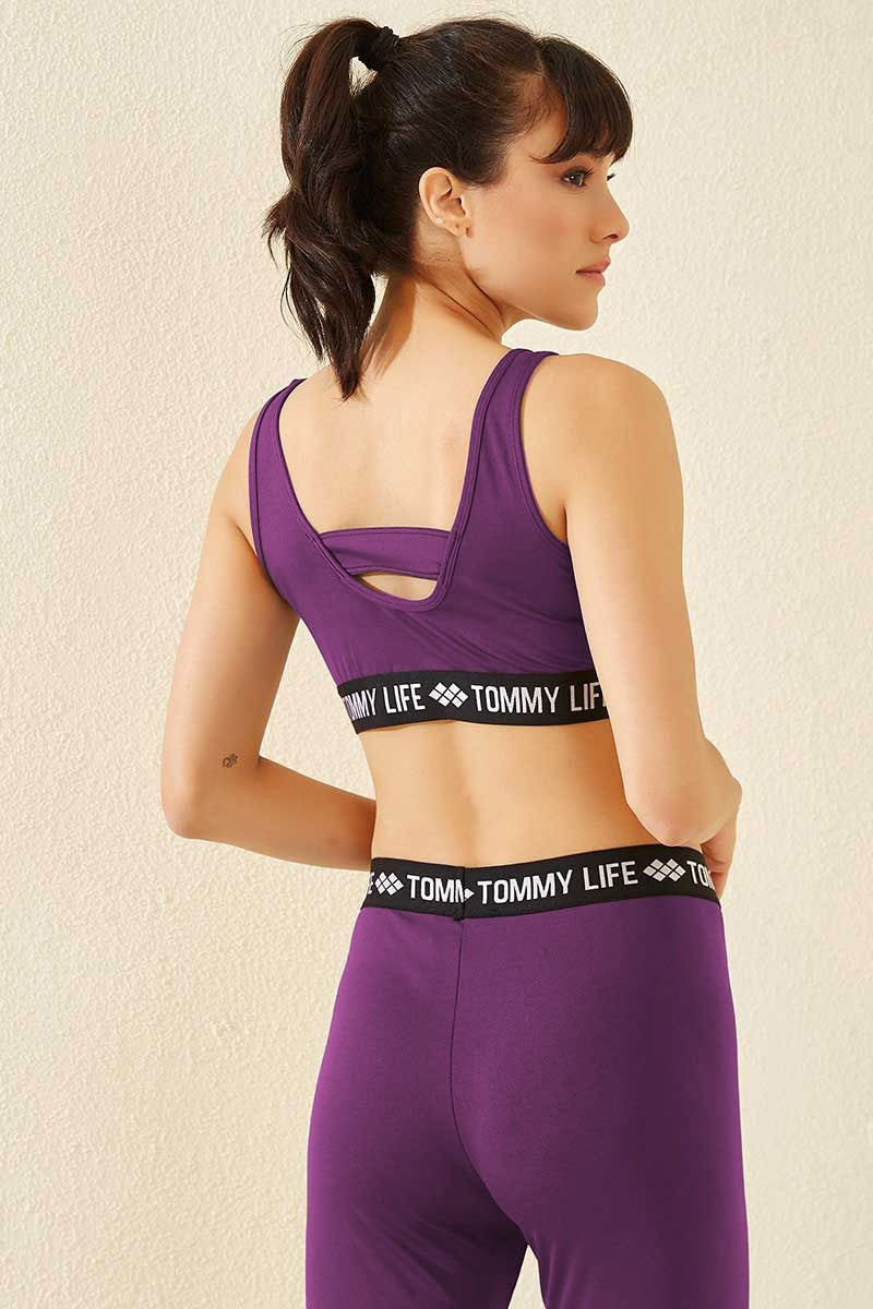 Standard Mold U Collar Women's Sports Bustier with Open Purple Writing Stripes - 97113