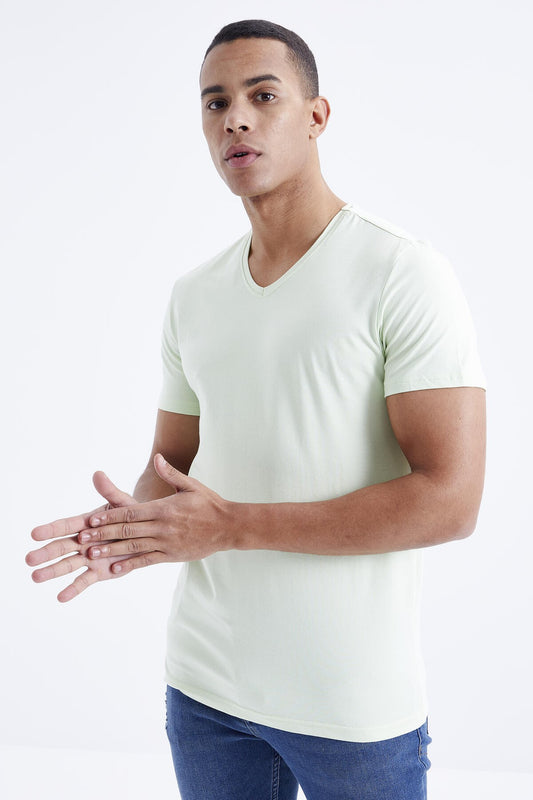 Light Green Basic Short Sleeve Standard Fit V Neck Men's T-Shirt - 87912