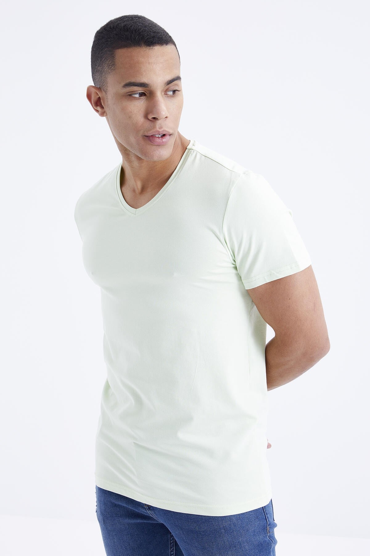 Light Green Basic Short Sleeve Standard Fit V Neck Men's T-Shirt - 87912