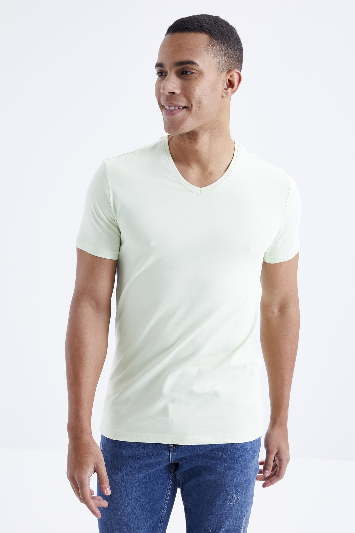 Light Green Basic Short Sleeve Standard Fit V Neck Men's T-Shirt - 87912