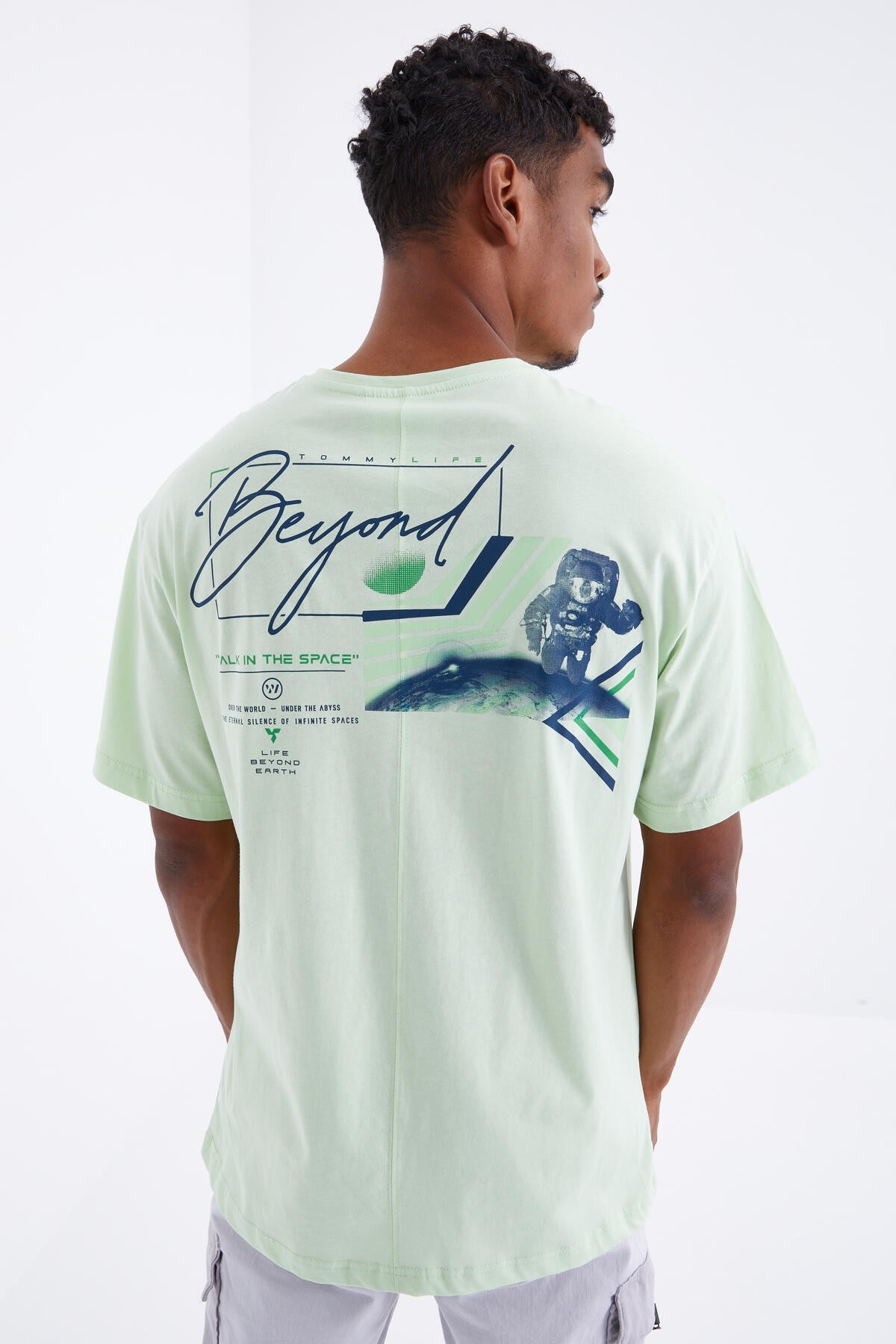 Light Green Print Detailed O Collar Men's Oversize T-Shirt - 88099